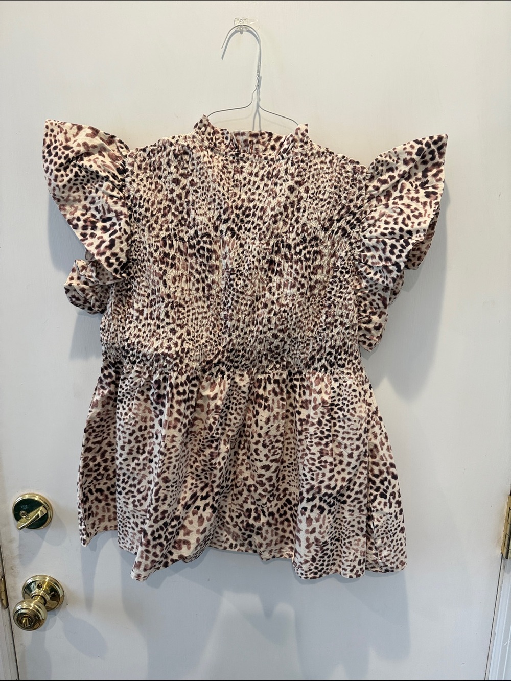 Sea Cream and Brown Leopard Print Ruffle Sleeve Tunic - Picture 3 of 3